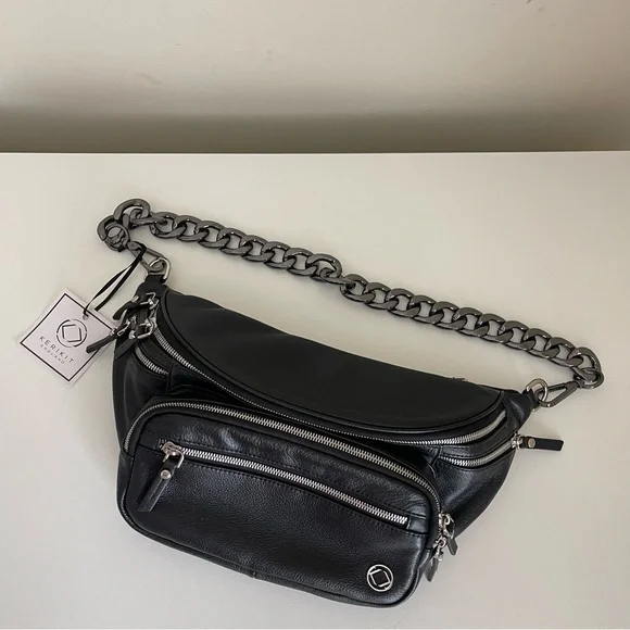 Kerikit England VANESSA LEATHER SLING BAG Black Gretchen Chain Gunmetal Travel - Picture 2 of 9